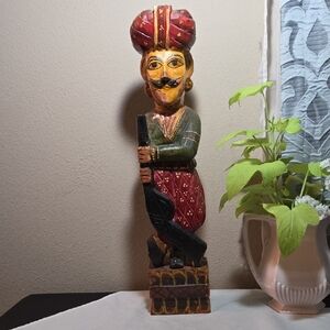 Vintage Rare Rajasthani 18" Statue Hand Carved Painted Wood Royal Guard.